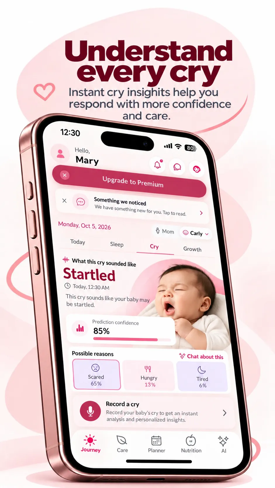 Pregnants baby cry analyzer screen showing a recording interface with cry type results and confidence indicators.