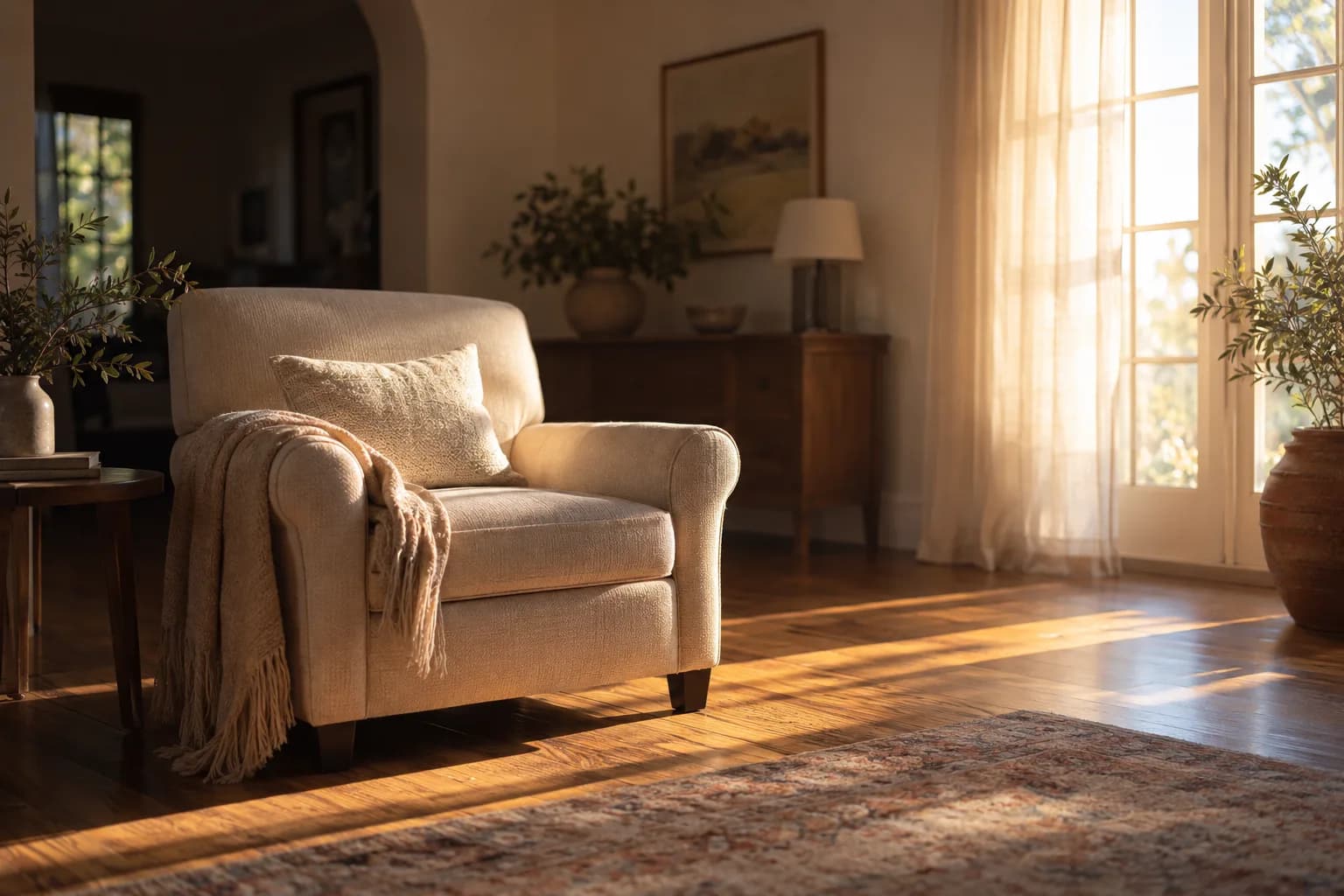 Una sala tranquila al amanecer, con cortinas vaporosas y luz suave