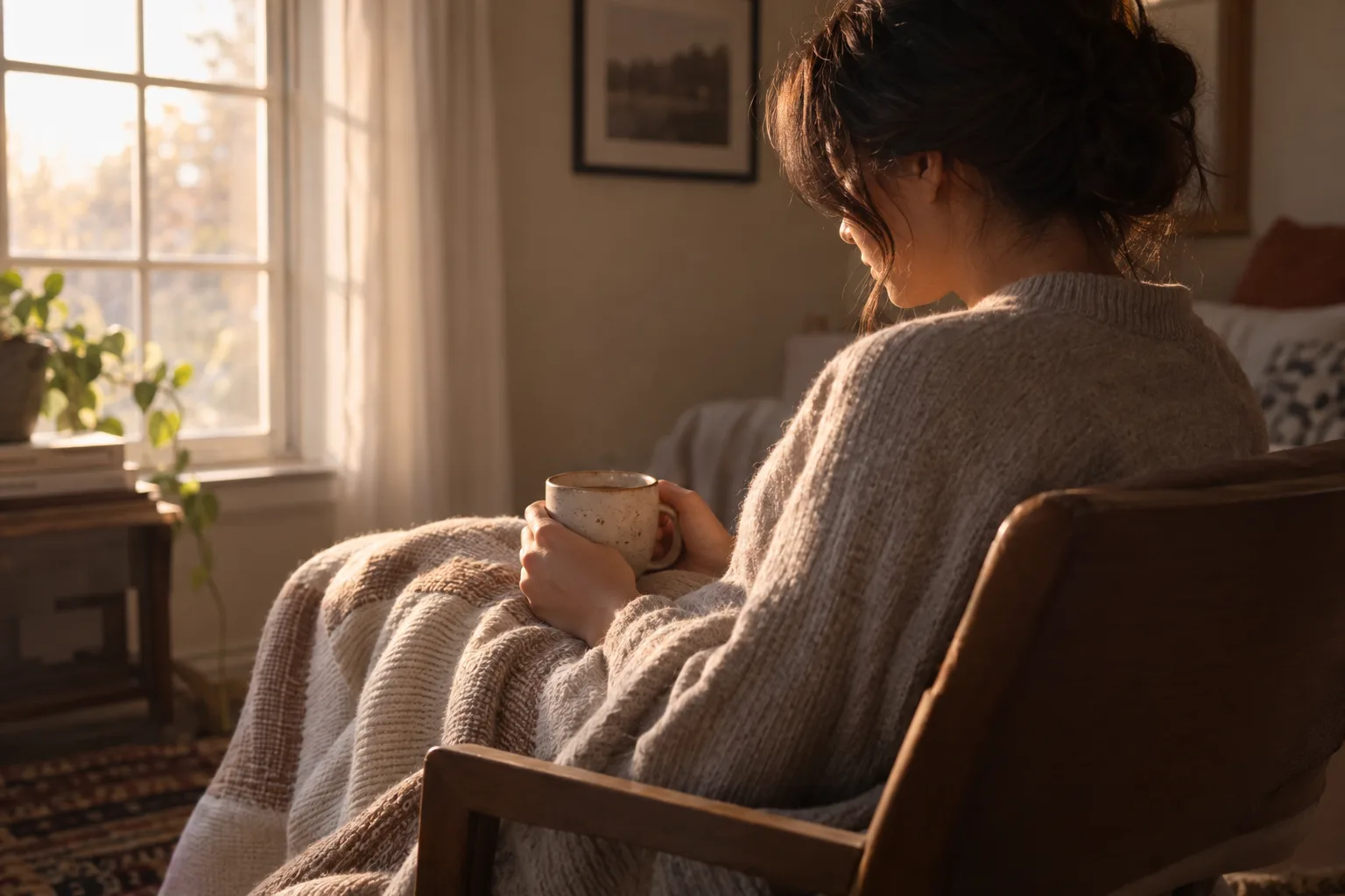 Una persona envuelta en una manta, sentada junto a una ventana con una bebida caliente