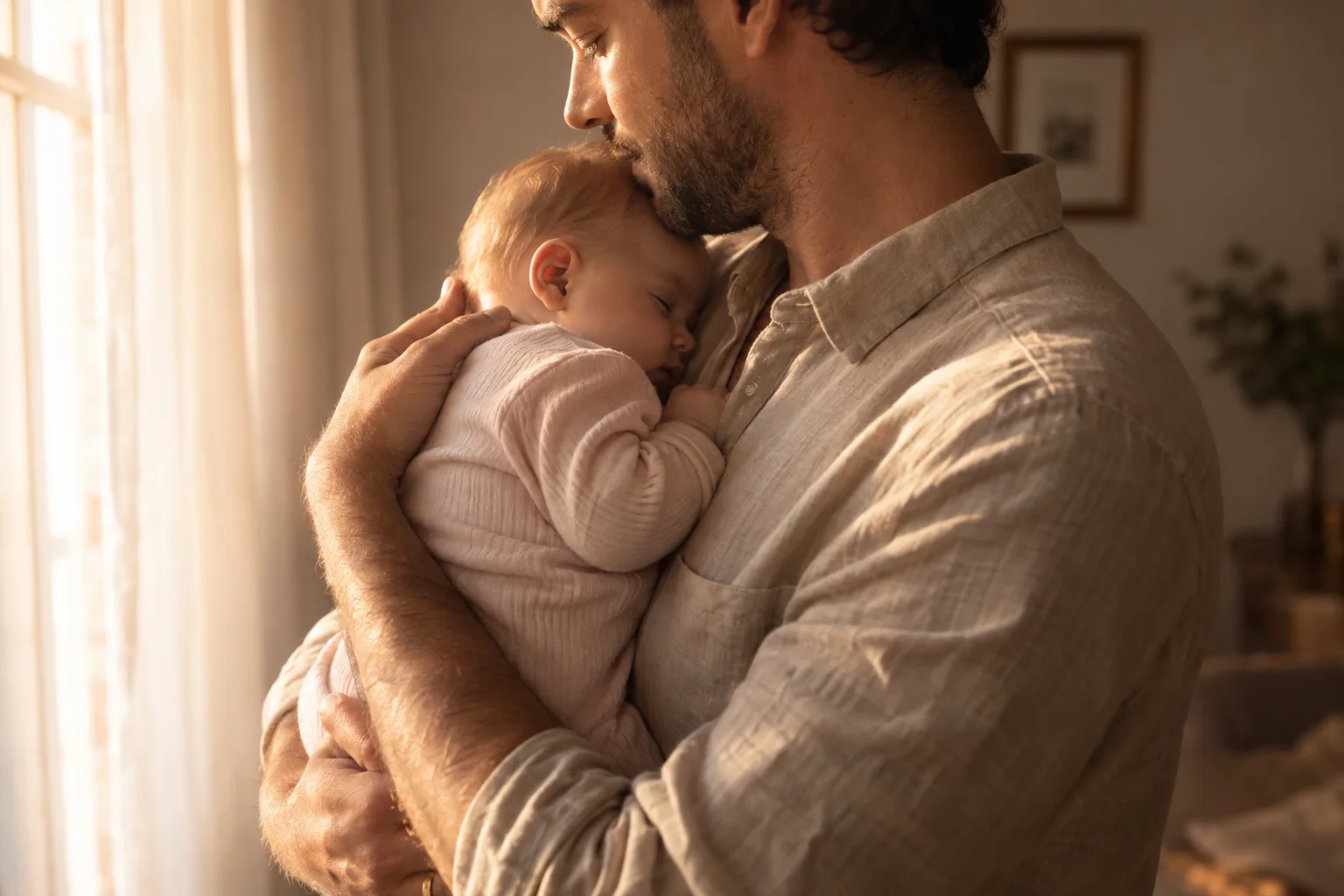 Un padre sosteniendo a un bebé dormido contra su pecho