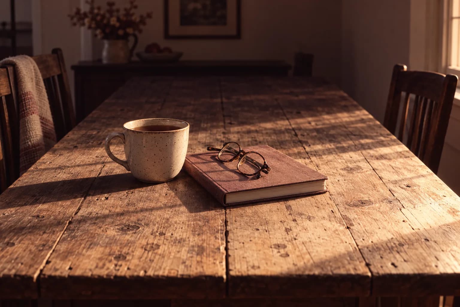 Una mesa de cocina larga, de madera, con la luz rasante de la tarde, y sobre ella una taza de té, un libro cerrado forrado en tela y unas gafas de lectura plegadas agrupados cerca del centro. Sillas oscuras flanquean ambos lados y el extremo más lejano de la mesa queda en penumbra.