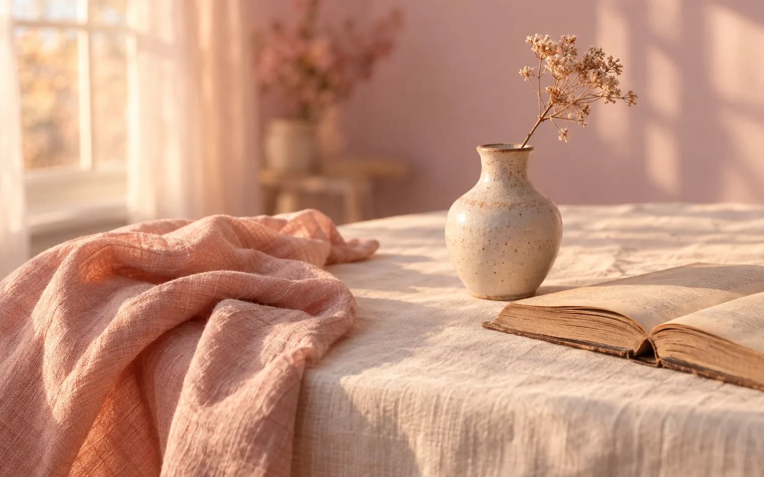 A loosely folded blush cotton cloth rests in the foreground, catching warm peach and coral light, while a small ceramic vase holding a single dried wildflower stem and a worn open book lying face-down sit on a pale cream linen tablecloth to the right, all set against a soft blush and lilac blurred background.