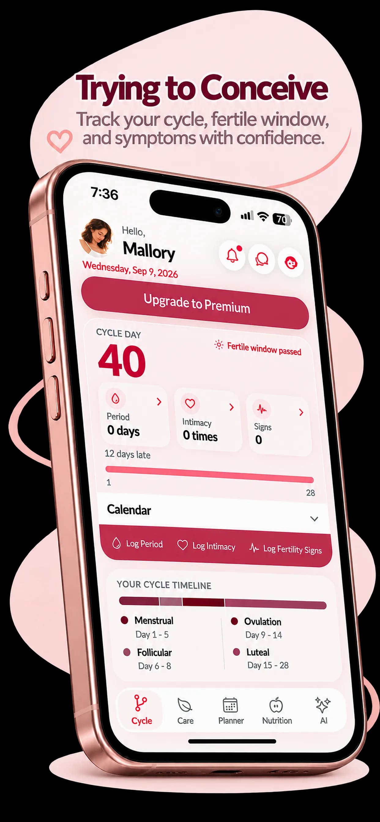 Pregnants Cycle tab showing cycle day 40, fertile window status, calendar view, and cycle timeline with menstrual, follicular, ovulation, and luteal phases.