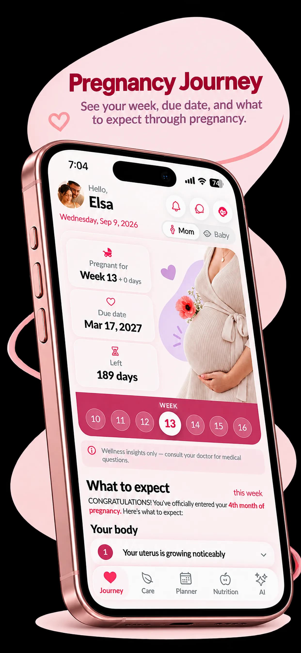 Pregnants Journey tab showing week 13 of pregnancy, due date March 2027, 189 days left, and a What to Expect section about the fourth month.