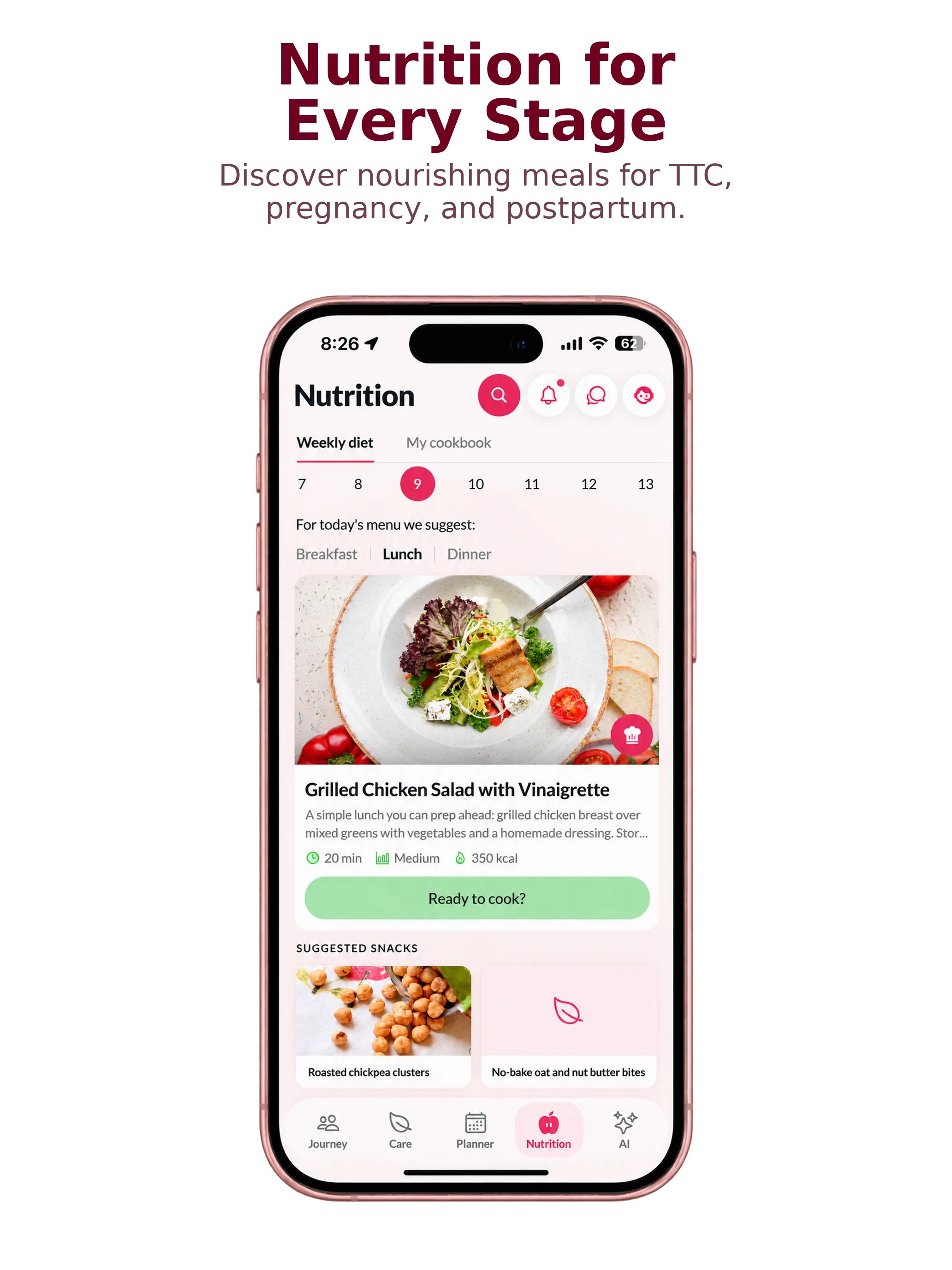 Pregnants Nutrition tab showing a weekly diet view with a Grilled Chicken Salad with Vinaigrette for lunch, prep time, calories, and suggested snacks.