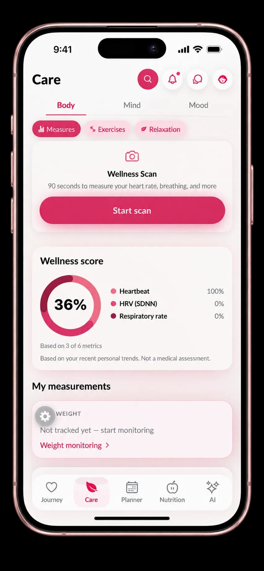 Pregnants Care tab showing the Wellness Scan button, wellness score ring at 36 percent, and sections for heartbeat, HRV, and respiratory rate measurements.