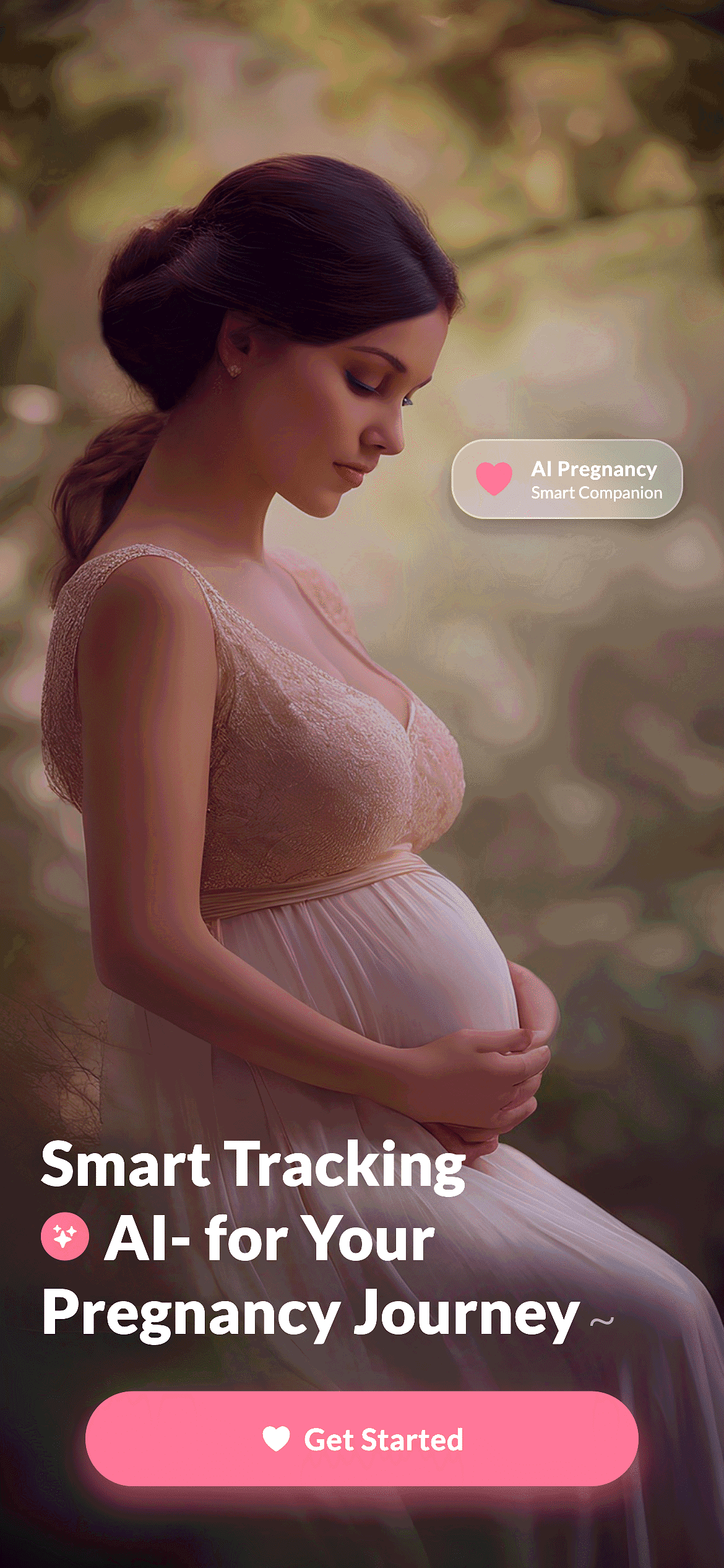 The Pregnants splash screen — a full-screen portrait of a mother-to-be with a floating AI Pregnancy badge, the headline Smart Tracking, AI for Your Pregnancy Journey, and a Get Started button.