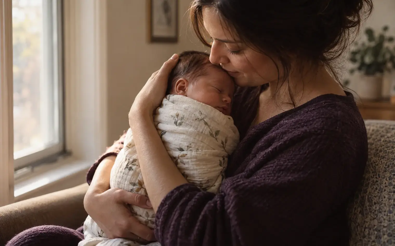 Una madre con un suéter color ciruela sentada en un sofá junto a una ventana con luz cálida de la tarde, sosteniendo a un recién nacido envuelto en una manta cerca de su rostro y besándole la cabeza.